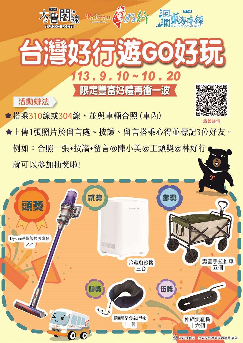 持電子票證免費搭乘台灣好行304洄瀾東海岸線或310太魯閣線 還能「抽大獎」